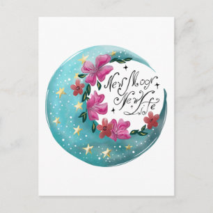 Carte Postale Aquarelle Lune avec étoiles et fleurs