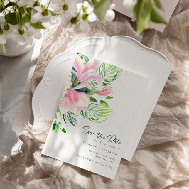 Carte Postale Aquarelle Magnolia Fleurs Rose Enregistrer La Date (Créateur téléchargé)