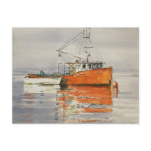 Aquarelle Maine Bateau de pêche Océan Orange Seren