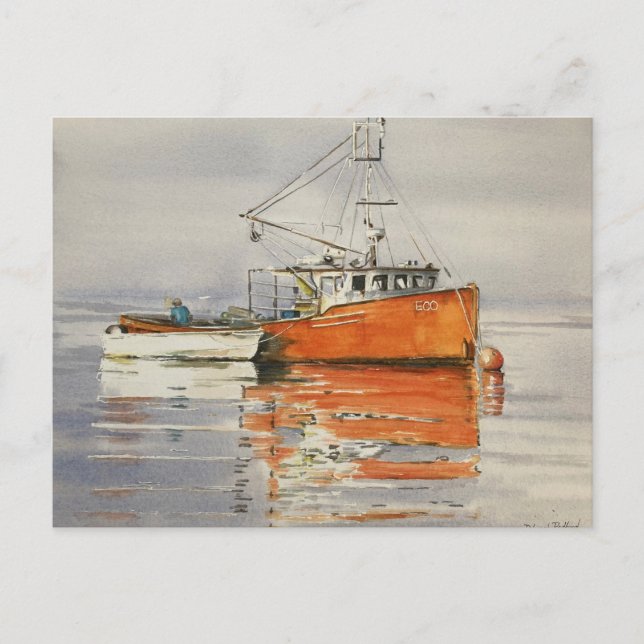 Carte Postale Aquarelle Maine Bateau de pêche Océan Orange Seren (Devant)