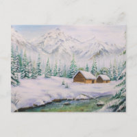 Aquarelle Maisons en bois et Pin Tree en neige