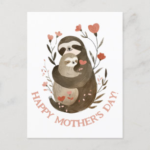 Carte Postale Aquarelle Mama Sloth & Baby Joyeuse fête des mères