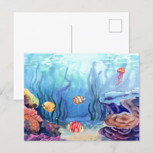 Carte Postale Aquarelle Marine Océan Vivant Corail et poisson