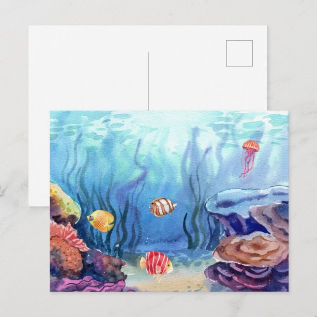Carte Postale Aquarelle Marine Océan Vivant Corail et poisson (Devant / Derrière)
