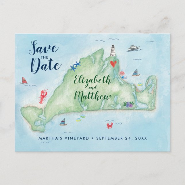 Carte Postale Aquarelle Marthas Vignoble Enregistrer la date (Devant)