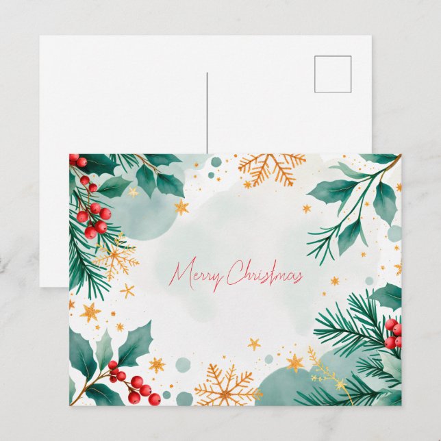 Carte Postale Aquarelle Merry Christmas Card Feuilles & Berries (Devant / Derrière)