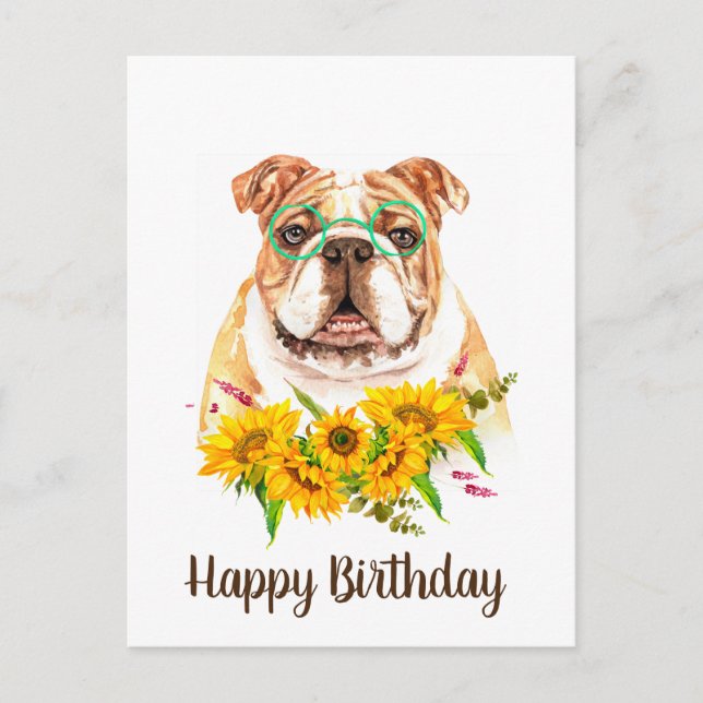 Carte Postale Aquarelle mignonne Bulldog & Sunflowers Anniversai (Devant)