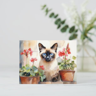 Carte Postale Aquarelle mignonne Chat Siamese Rouge Fleurs de gé