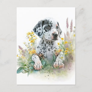 Carte Postale Aquarelle mignonne Floral Dalmatien Chien chiot