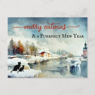 Carte Postale Aquarelle mignonne Hiver Chat Noël Nouvel An