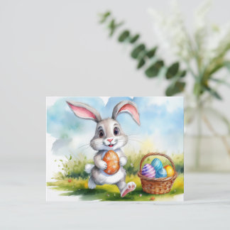Carte Postale Aquarelle mignonne Lapin de Pâques
