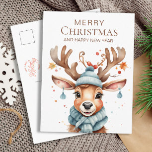 Carte Postale Aquarelle mignonne Rennes de Noël en bois