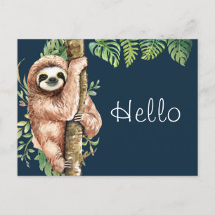 Carte Postale Aquarelle mignonne Sloth & Feuilles tropicaux Hell