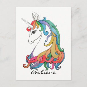 Carte Postale Aquarelle mignonne unicorne arc-en-ciel