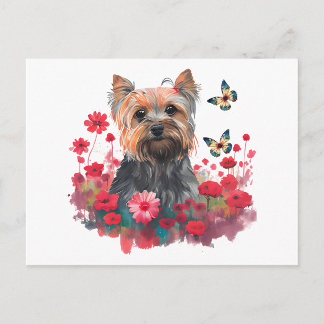 Carte Postale Aquarelle mignonne Yorkshire Terrier Chiot & Fleur (Devant)