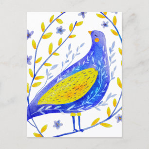 Carte Postale Aquarelle moderne Bleu et Jaune Oiseau Art
