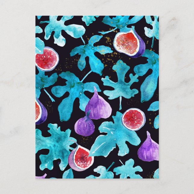 Carte Postale Aquarelle moderne Figues Fruit sur noir (Devant)