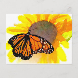 Carte Postale Aquarelle Monarque papillon et tournesol