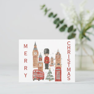 Carte Postale Aquarelle Noël à Londres Bus Rouge, Big Ben