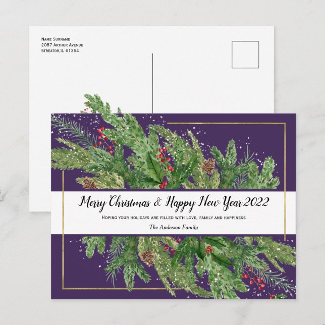 Carte Postale Aquarelle Noël et Nouvel An 2022 Po (Devant / Derrière)