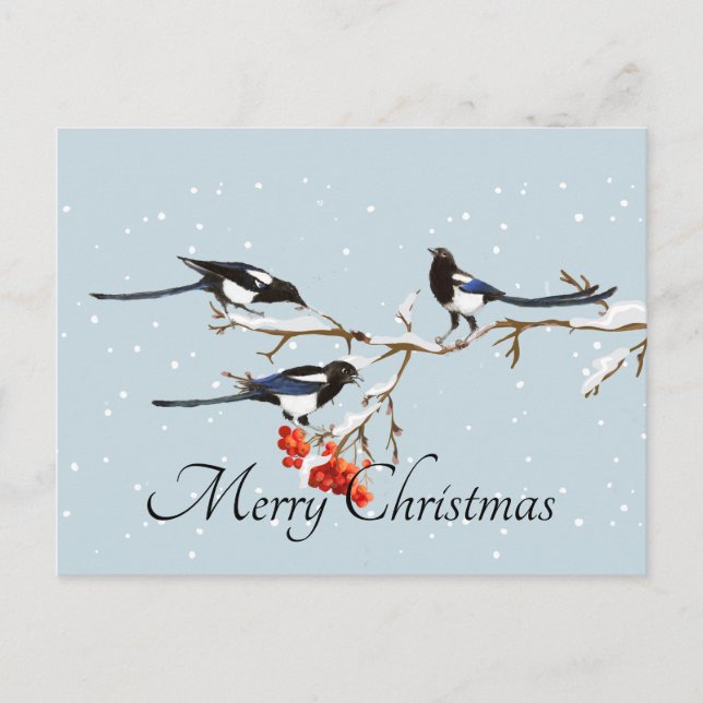 Carte Postale Aquarelle Noël Holly Magpie Oiseau Nature Art (Devant)