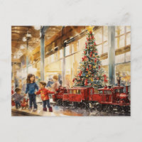 Aquarelle Noël Train grand magasin mémoire