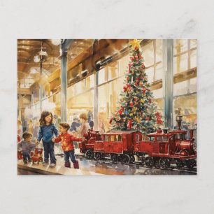 Carte Postale Aquarelle Noël Train grand magasin mémoire