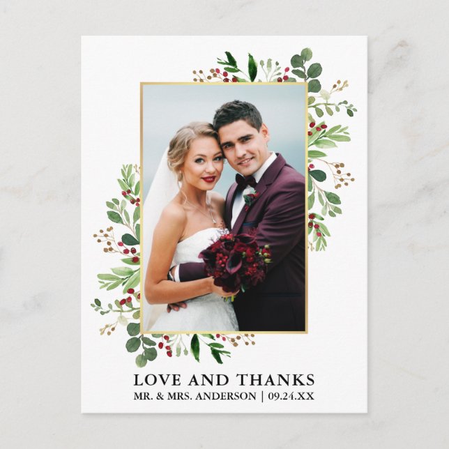 Carte Postale Aquarelle Noël Verdure Amour Merci Or (Devant)