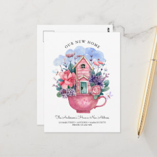 Carte Postale Aquarelle Notre nouvelle maison Coupe de Thé Rose 
