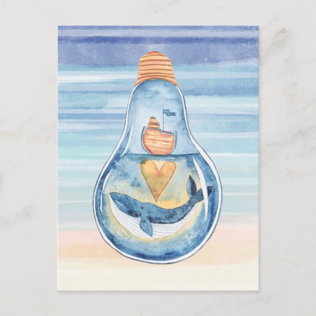 Carte Postale Aquarelle Océan Ampoule Baleine à bosse Navire (Devant)