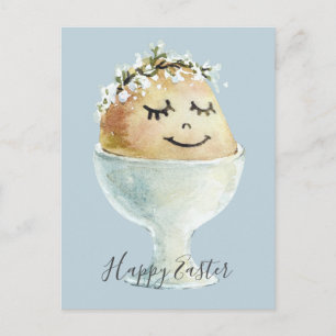 Carte Postale Aquarelle Oeuf souriant en Coupe Pâques