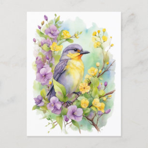 Carte Postale Aquarelle Oiseau aux fleurs violettes et jaunes