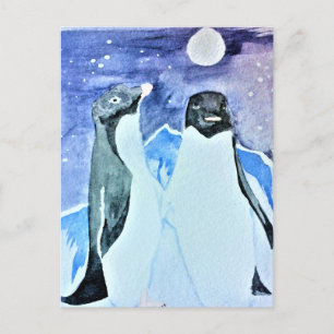 Carte Postale Aquarelle Oiseaux Antarctique mignons Pingouins