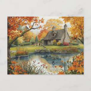 Carte postale aquarelle oiseaux automne maison nat