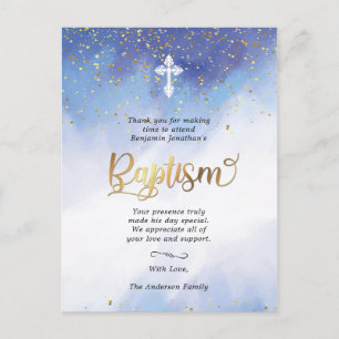 Carte Postale Aquarelle or et bleu Merci de baptême