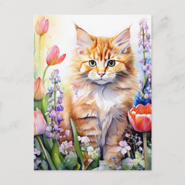 Carte Postale Aquarelle Orange Tabby Kitty Chat Dans Le Jardin F (Devant)
