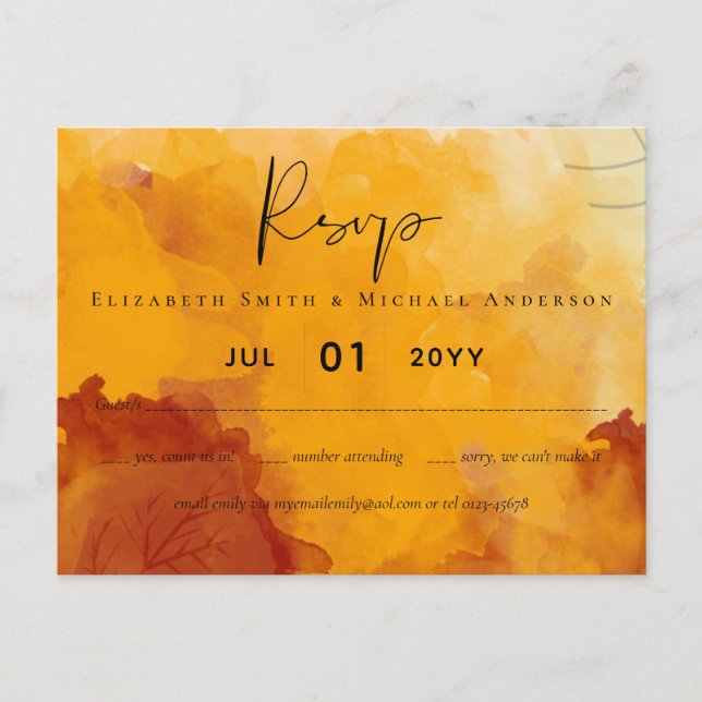 Carte Postale Aquarelle orange vif Abstrait Mariage couché de so (Devant)
