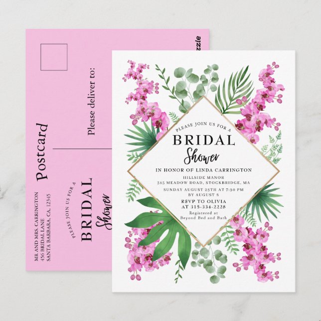 Carte Postale Aquarelle Orchidées Fête des mariées Feuille tropi (Devant / Derrière)