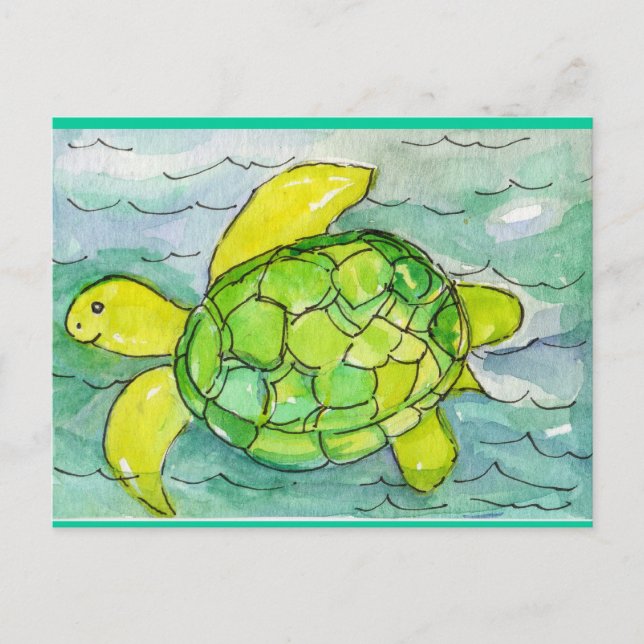 Carte Postale Aquarelle originale Sid'Silly Sea Turtle (Devant)