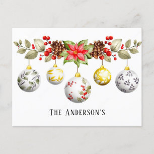 Carte Postale Aquarelle ornements de Noël Poinsettia Personnalis