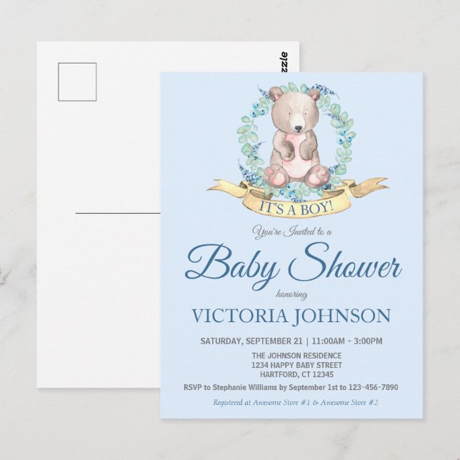Carte Postale Aquarelle Ours Bleu Floral Boy Baby shower Invitat (Devant / Derrière)