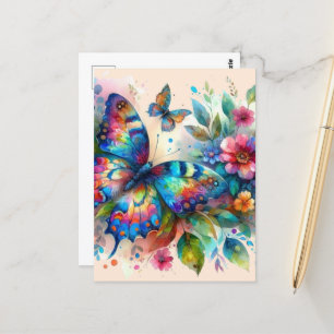 Carte Postale Aquarelle Papillon Floral Fleurs Bleu rose