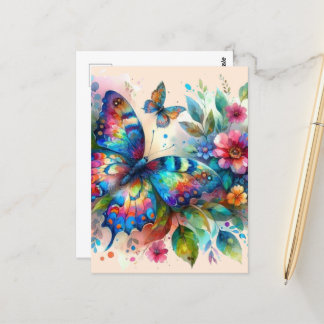 Carte Postale Aquarelle Papillon Floral Fleurs Bleu rose