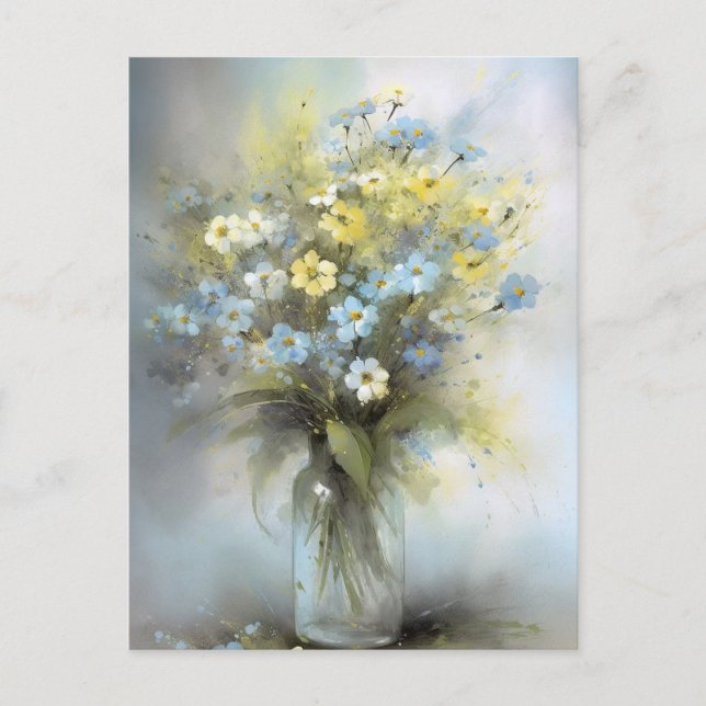 Carte Postale Aquarelle Pastel Bleu, Blanc, Fleur marguerite Jau (Devant)