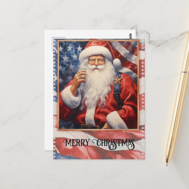 Carte Postale Aquarelle Patriotique Santa Claus (Devant/Arrière en situation)