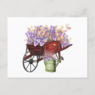 Carte Postale Aquarelle Pays Wagon, Arrosage Can & Flowers