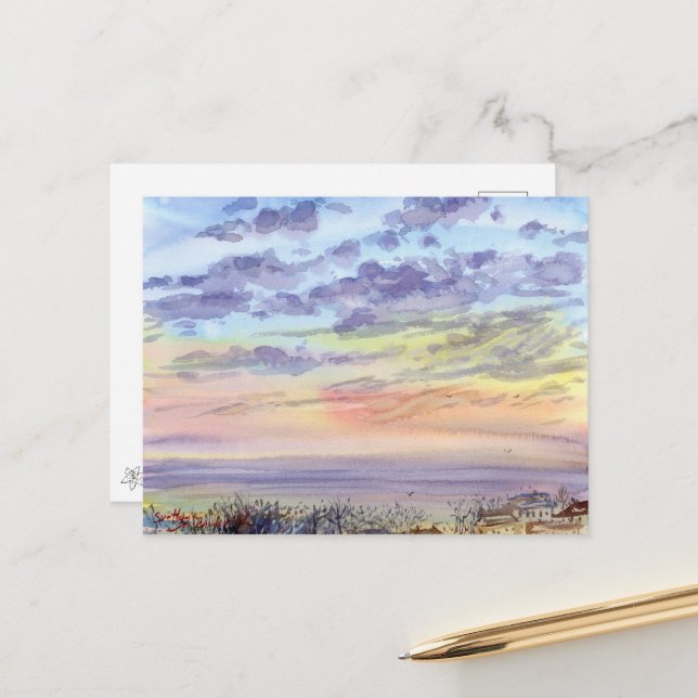 Carte Postale Aquarelle paysage matinal avec nuages et mer (Devant/Arrière en situation)