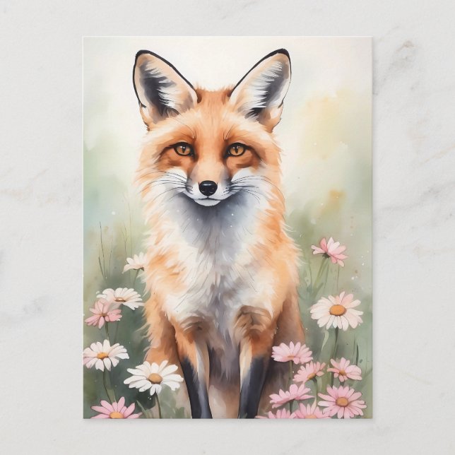 Carte Postale Aquarelle Peinture Fox avec Fleurs marguerites (Devant)