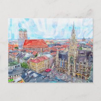 Carte Postale Aquarelle peinture munich Marienplatz. Aérien.