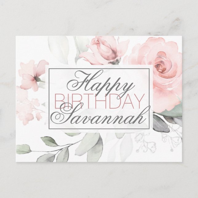 Carte Postale Aquarelle personnalisée Rose Floral Joyeux anniver (Devant)